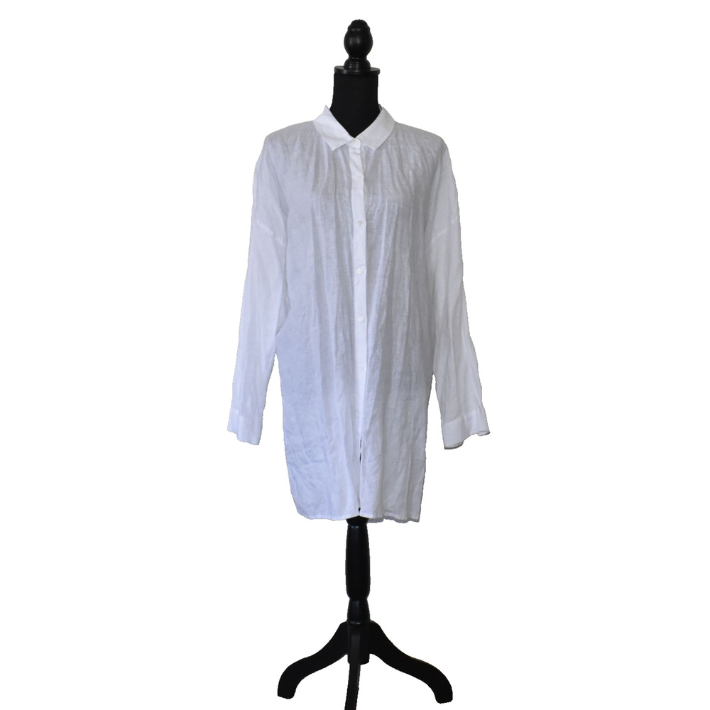 A6 Auth EILEEN FISHER White Organic Linen Classic Collar Long Shirt Dress Sz XL - Picture 2 of 7